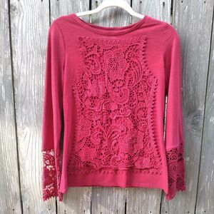 Sundance size S long sleeve t-shirt lace overlay dark red cotton blend